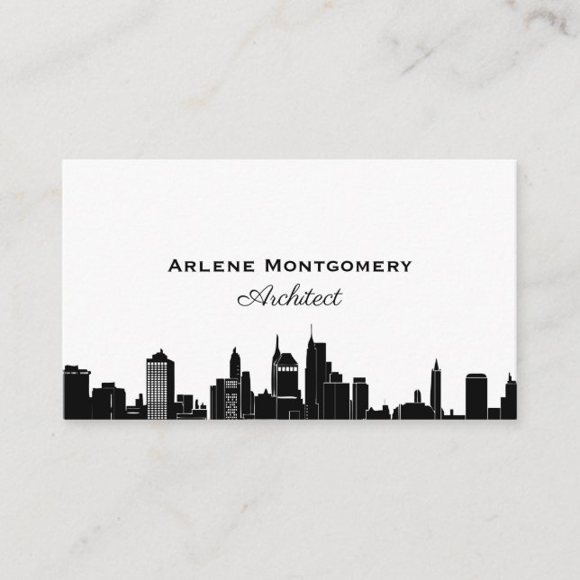 Modern Black & White City Skyline Architect Business Card (Front)