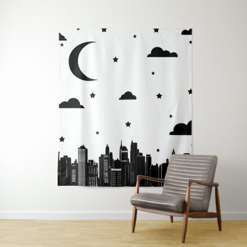 Modern Black  White Cityscape Night Sky Tapestry