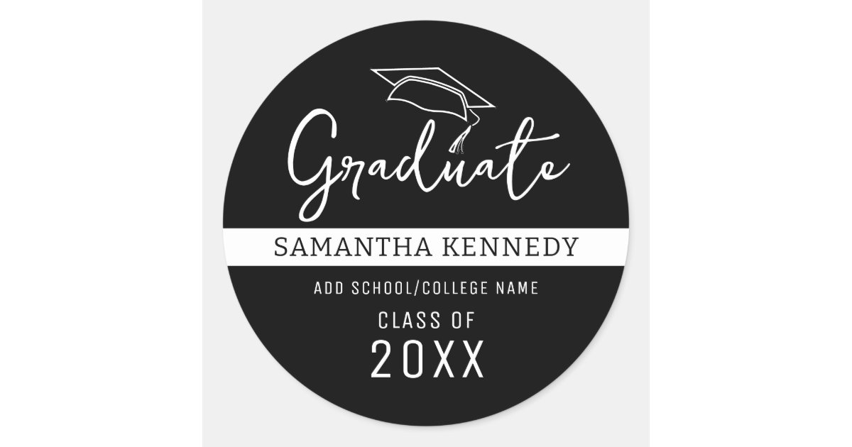 Modern Black & White Class of 2025 Grad Cap Classic Round Sticker | Zazzle