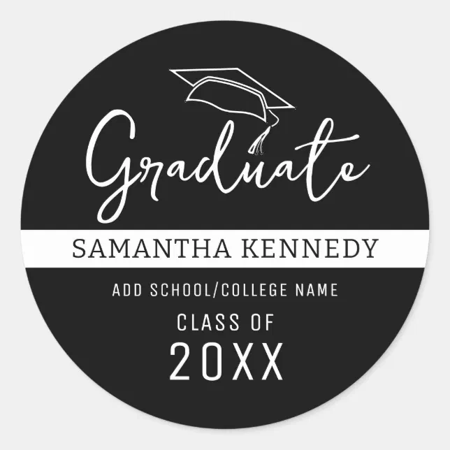 Modern Black & White Class of 2025 Grad Cap Classic Round Sticker | Zazzle