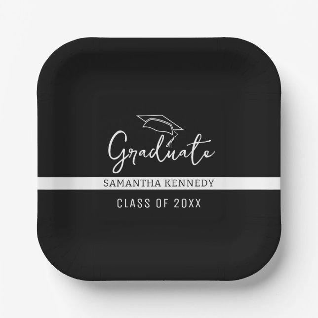 Modern Black & White Class of 2025 Grad Cap Paper Plates (Front)
