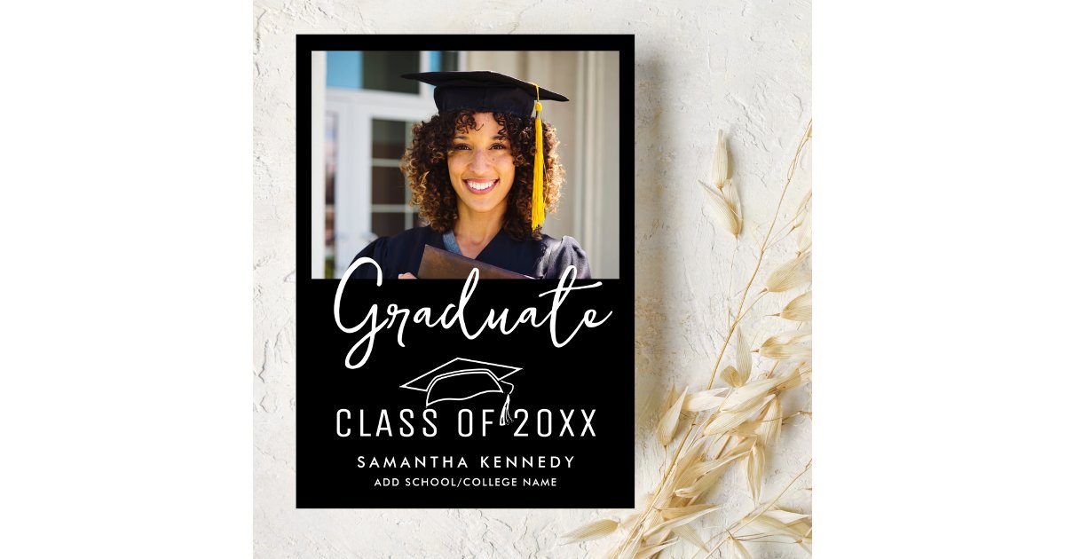 Modern Black & White Class of 2025 Grad Cap Photo Announcement | Zazzle