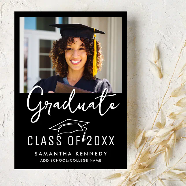 Modern Black & White Class of 2025 Grad Cap Photo Announcement | Zazzle