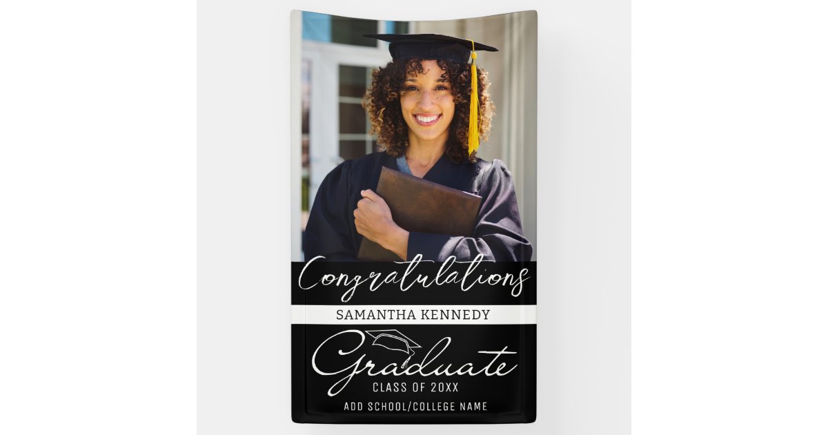 Modern Black & White Class of 2025 Grad Cap Photo Banner | Zazzle
