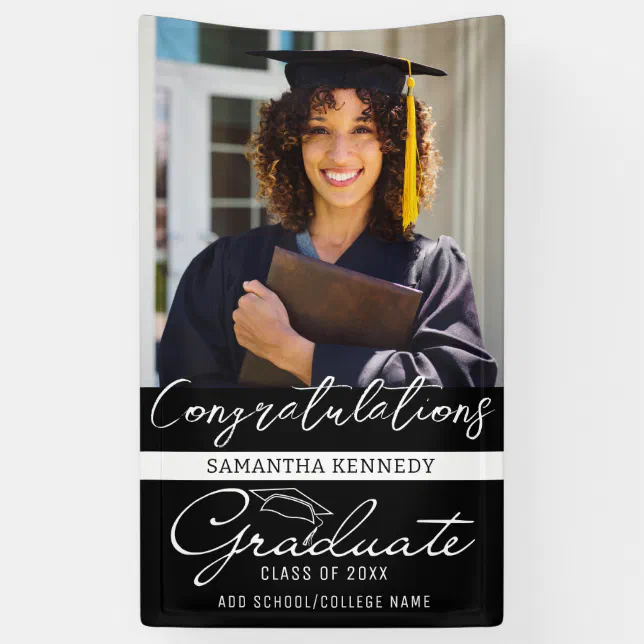 Modern Black & White Class of 2025 Grad Cap Photo Banner | Zazzle