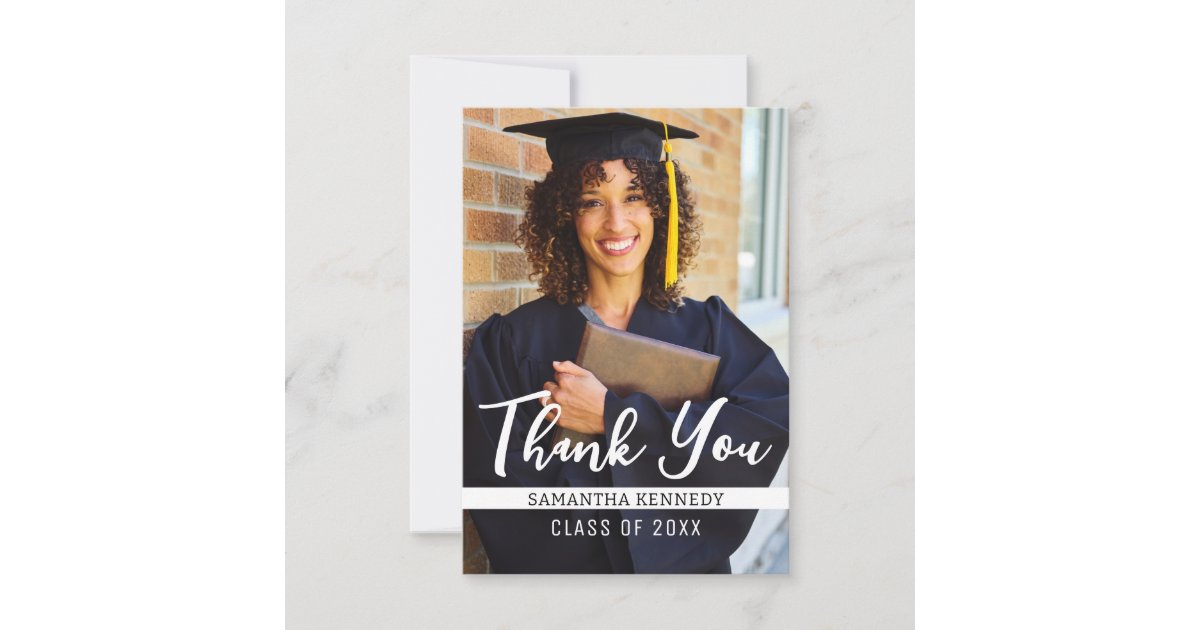 Modern Black & White Class of 2025 Grad Cap Photo Thank You Card | Zazzle
