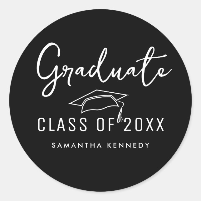 Modern Black & White Class of 2025 Graduation Cap Classic Round Sticker (Front)