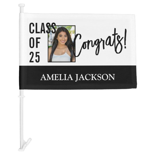 Modern Black & White Class Of 25 Photo Graduation Car Flag (Front)