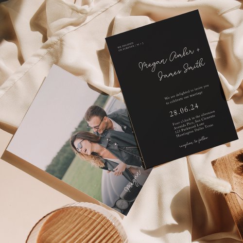 Modern Black  White Classy Script Wedding Invitation