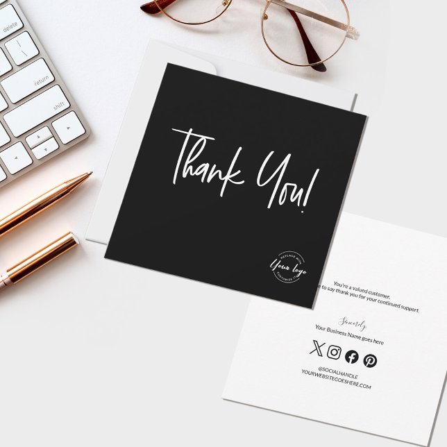 Modern Black White Company Logo Social Thank You  (Minimalist modern typography Business thank you custom logo, social media icons and message card)