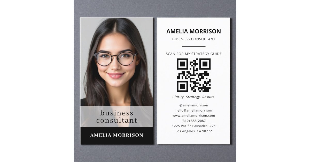 Modern Black White Consultant QR Code Photo Business Card | Zazzle
