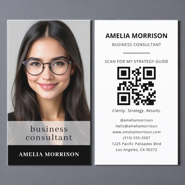 Modern Black White Consultant QR Code Photo  Business Card (Creator Uploaded)