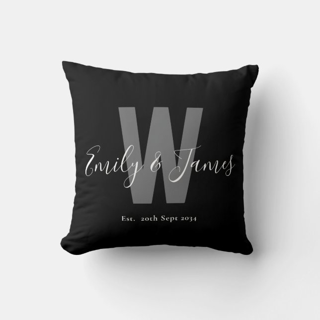 Modern Black White Couple Date Monogram Throw Pillow (Front)