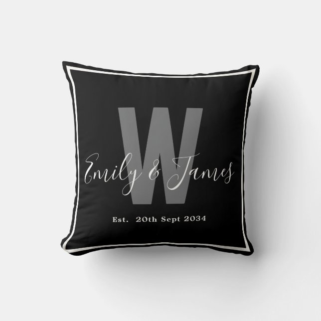 Modern Black White Couple Monogram Border Date Throw Pillow (Front)