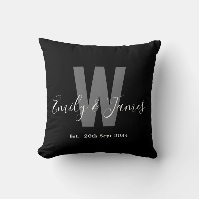 Modern Black White Couple Monogram Date Throw Pillow (Front)