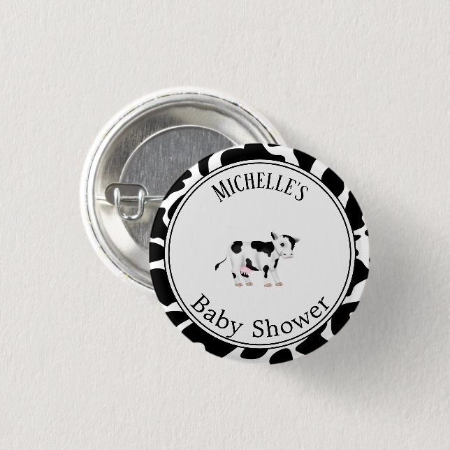 Modern Black White Cow Print Baby Shower  Button (Front & Back)