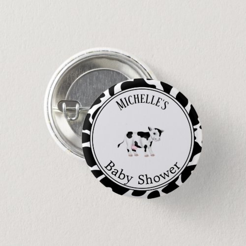 Modern Black White Cow Print Baby Shower  Button