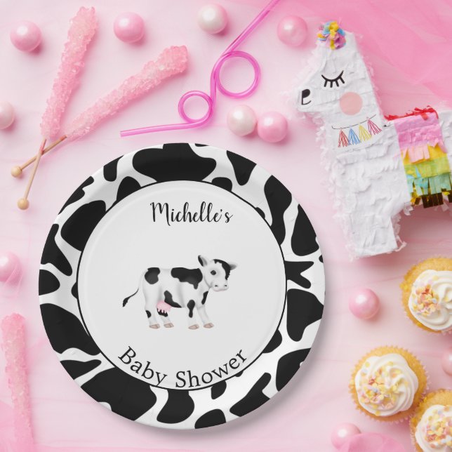 Modern Black White Cow Print Baby Shower  Paper Plates (Party)