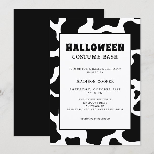 Modern Black & White Cow Print Costume Halloween  Invitation (Front/Back)