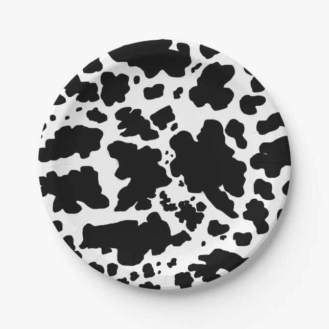 Modern Black White Cow Skin Texture Animal Print  Paper Plates (Front)