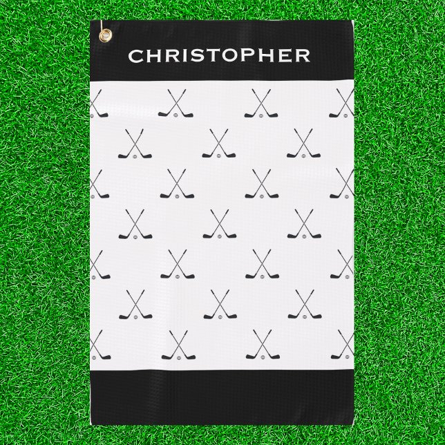Modern Black White Criss Cross Golf Clubs Pattern Golf Towel (Creator Uploaded)