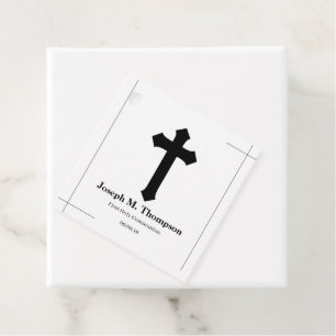 Modern Black & White Cross First Holy Communion Favor Tags