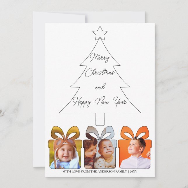 Modern Black White Custom Family Photo Tree Holiday Card (Front)