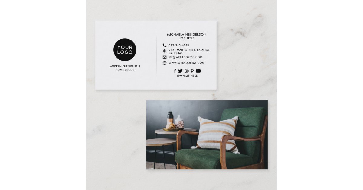 Modern Black & White Custom Logo, Photo & Socials Business Card | Zazzle