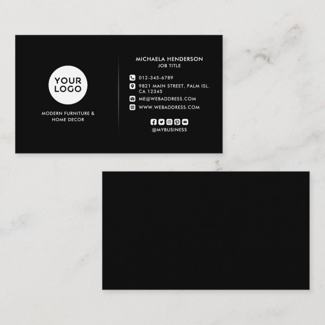 Modern Black & White Custom Logo & Socials Busines Business Card (Front/Back)