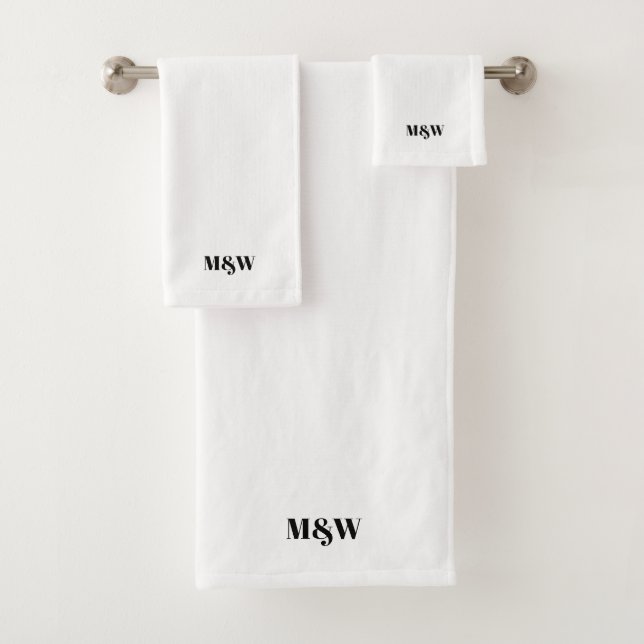 Modern black white custom monogram elegant chic bath towel set (Insitu)