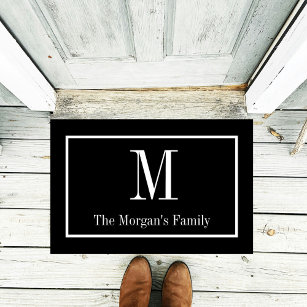 Modern Black White Custom Monogram Family Name Doormat
