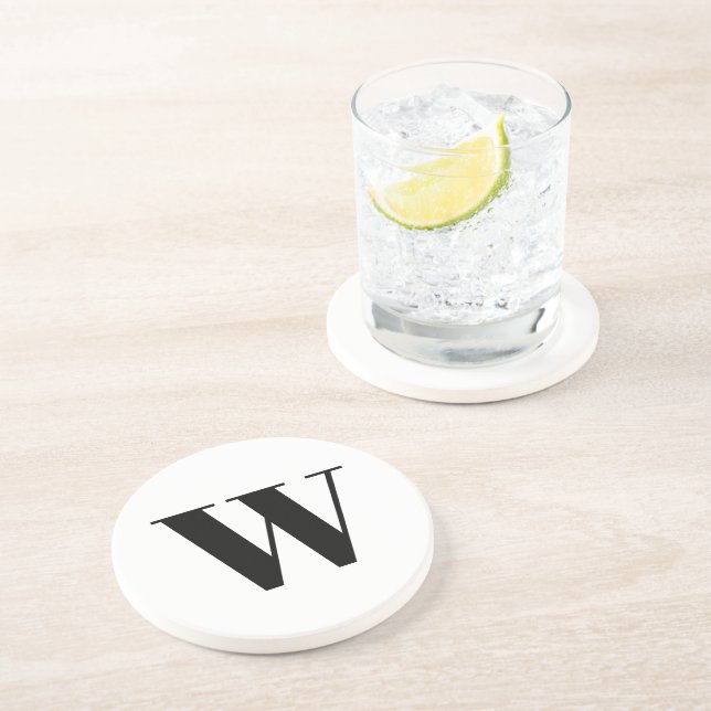 Modern black white custom monogram initial letter coaster (Side)