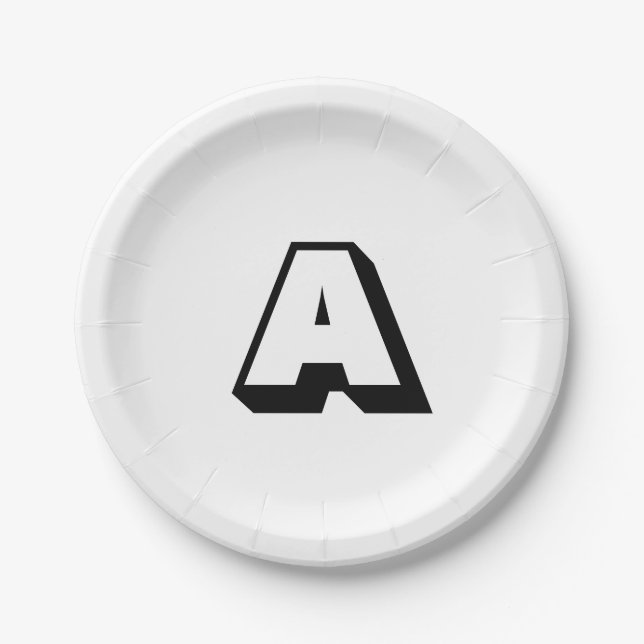 Modern Black white custom monogram initial letter Paper Plates (Front)