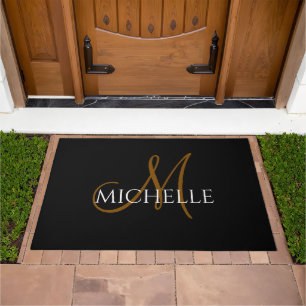 Modern Black White Custom Monogram Script Name Doormat