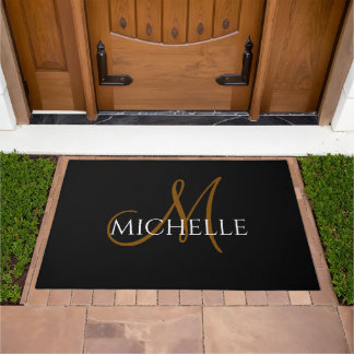 Modern Black White Custom Monogram Script Name Doormat