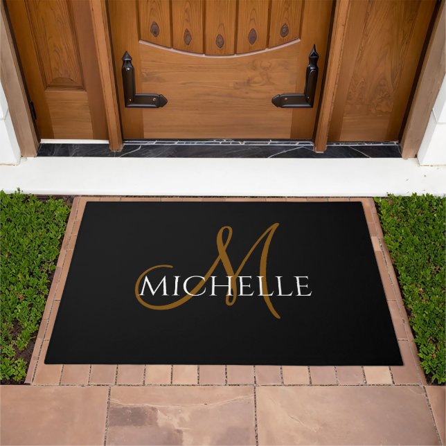 Modern Black White Custom Monogram Script Name Doormat (Outdoor)