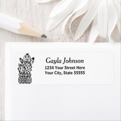 Modern Black White Custom Script Cactus Address Label