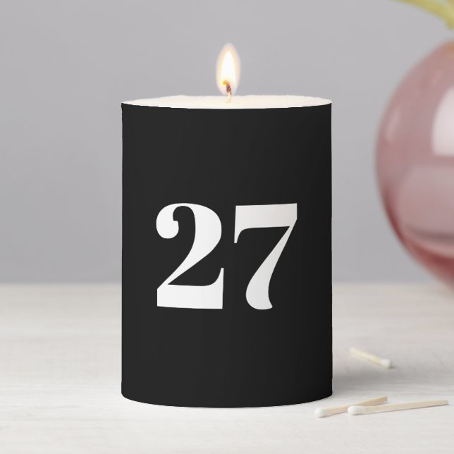 Modern black white custom year number birthday pillar candle (In Situ)