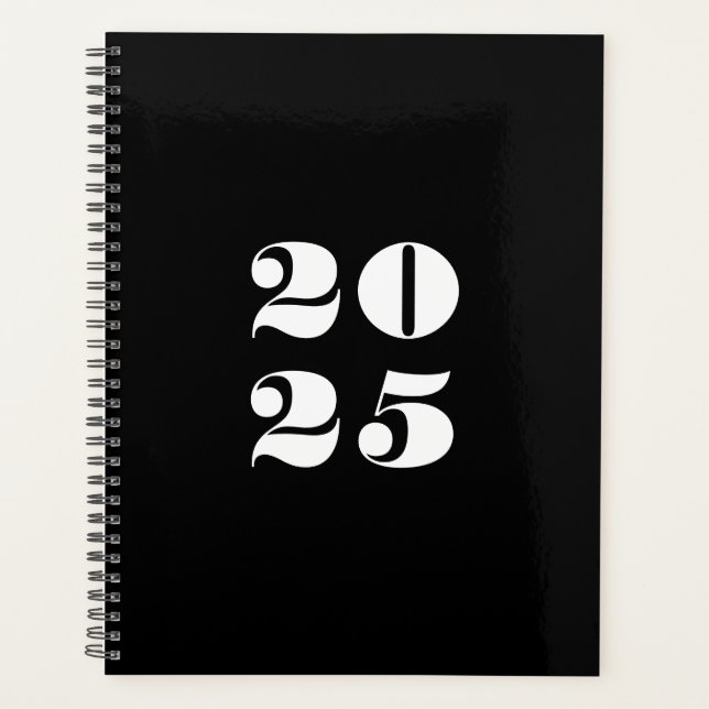 Modern black white custom year stylish typography planner (Front)