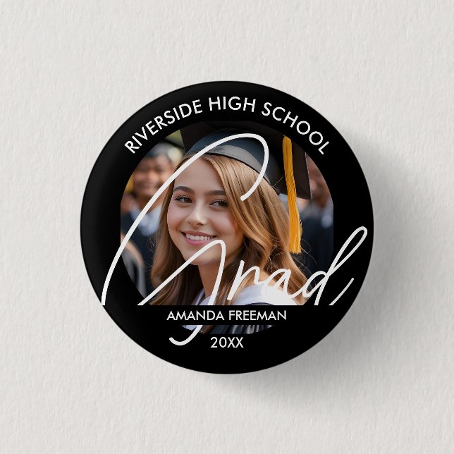 Modern Black & White Customized Graduate Photo Button (Front)