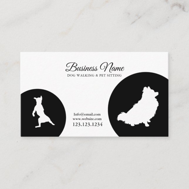 Modern Black & White Cute Silhouette Dog Walking Business Card (Front)