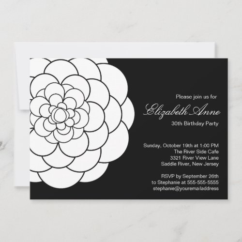 Modern Black white Dahlia Bloom Birthday Party Invitation