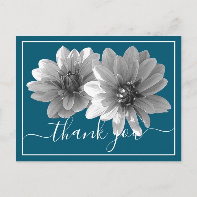 Modern Black & White Dahlia Botanical Thank you Postcard (Front)