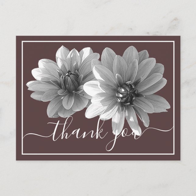Modern Black & White Dahlia Botanical Thank you Postcard (Front)