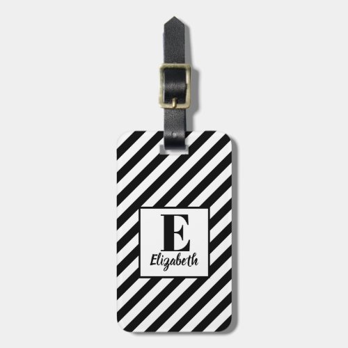 Modern Black  White Diagonal Stripes  Name Luggage Tag