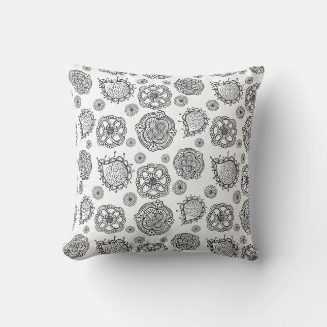 Modern Black & White Doodle Floral Pattern Cushion (Front)