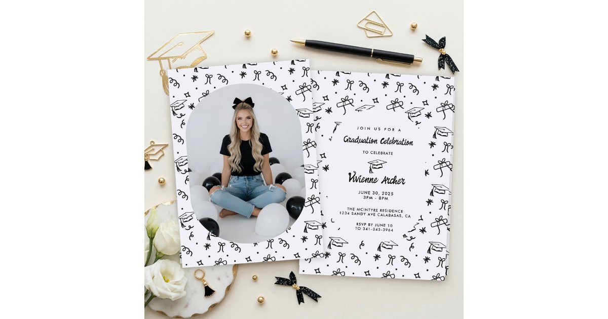 Modern Black & White Doodle Graduation Photo Invitation | Zazzle