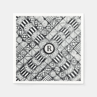 Modern Black & White Doodled Pinwheel & Monogram Napkins
