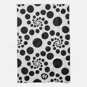 Modern Black & White Dot Swirls Monogram Kitchen Towel
