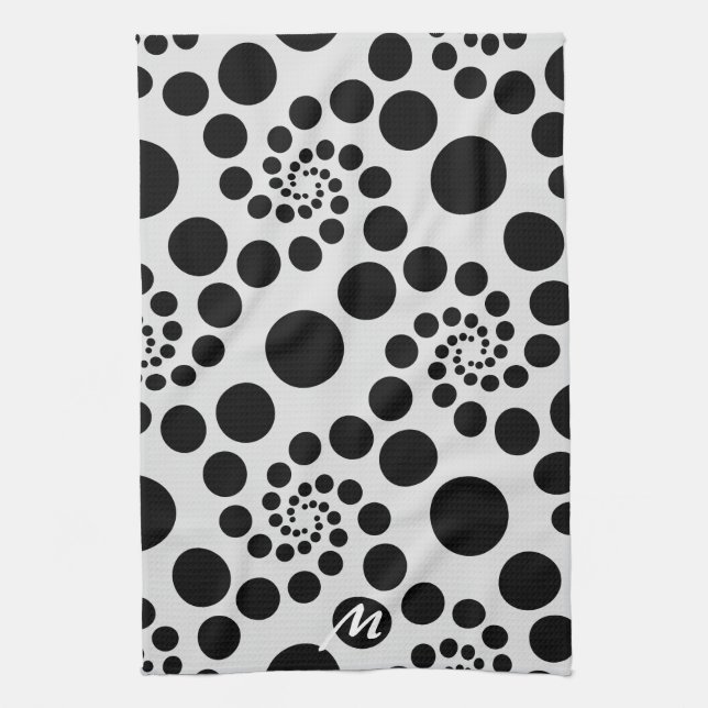 Modern Black & White Dot Swirls Monogram Kitchen Towel (Vertical)